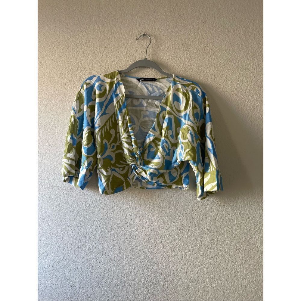 Zara printed twist front cropped blouse linen‎ blend size small